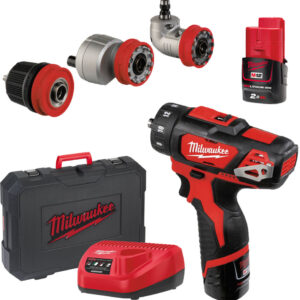 M12 BDDX SET-202C_M12™ szuperkompakt levehető tokmányú fúrócsavarozó szett_2 x 2,0 Ah REDLITHIUM™  akkumulátor, 40 perces töltő, levehető FIXTEC tokmány, övcsipesz, 25 mm PZ2 bit, sarokfúrófej, pozicionált csavarozó fej, koffer